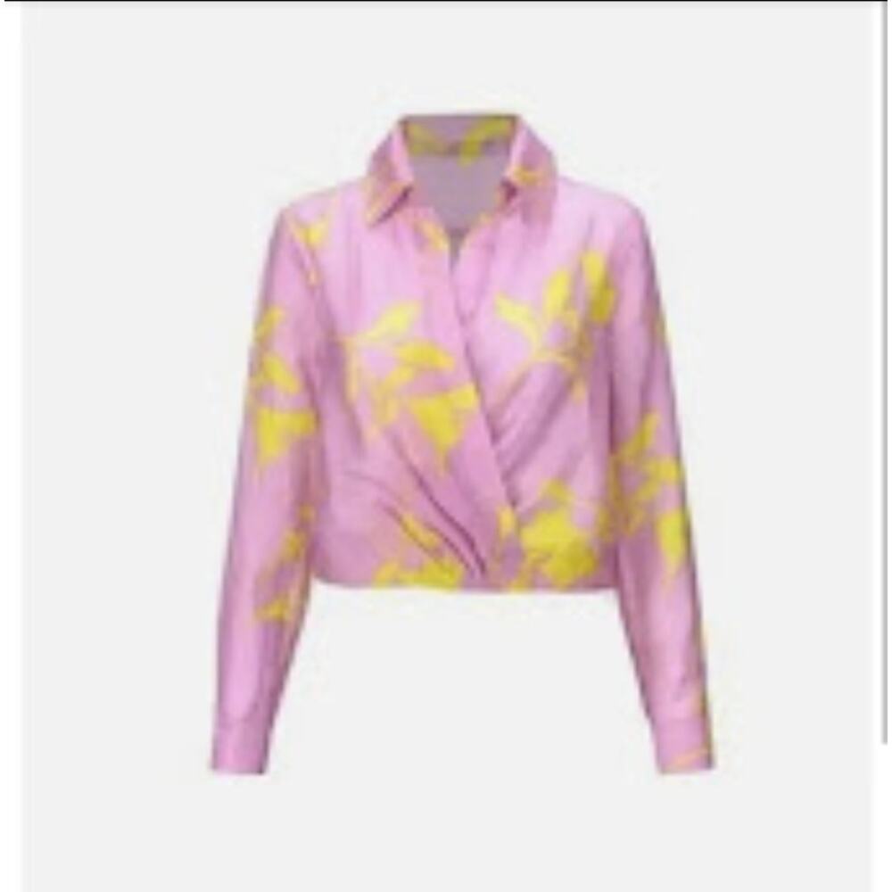 Cabi Women's Style Vivid Blouse Pink Yellow Printed‎ Wrap Top - Size XS